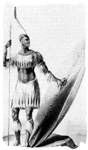 Chaka Zoulou Le seul dessin connu de Shaka avec la sagaie et le bouclier lourds en 1824, quatre ans avant sa mort