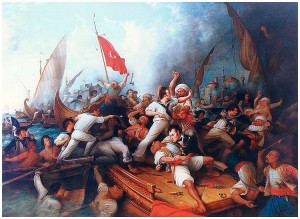 La Guerre de Tripoli Le président américain Thomas Jefferson envoie des navires de l'US Navy qui bombardent en autre les villes de Tripoli et d'Alger et renégocie le traité en 1805.